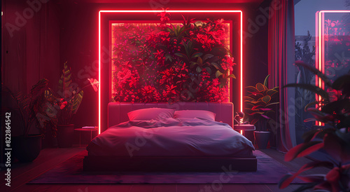 Red neon lights in the bedroom create a romantic and dreamy atmosphere