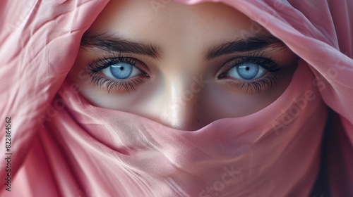 Big close up of the sharp blue eyes of a islamic woman wearing a pink arabic niqab cadar veil. photo