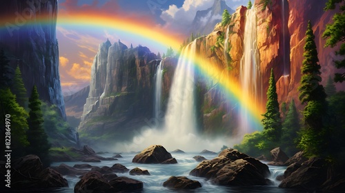A stunning waterfall cascading down a glittering rockface, with a few rainbows arcing across the spray.