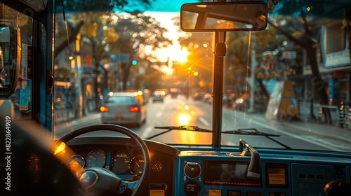 Late afternoon drive captured from the driver's perspective in a city bus