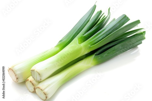 Fresh green leeks on clean white background for captivating ads and packaging designs - generative ai