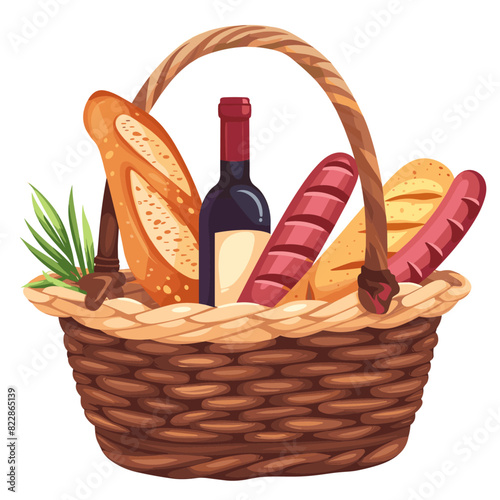 wicker basket overflowing with bread, sausage, and a bottle of wine