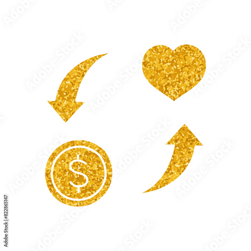 Coin and heart shape and rotating arrows drawing in gold color style