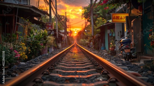 Railway Tracks Illuminated by Sunset Glow