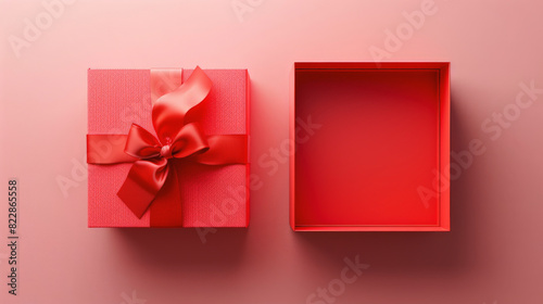 A red gift box with a bow next to an open, empty red box on a pinkish background, suggesting a present has been unveiled or is missing.