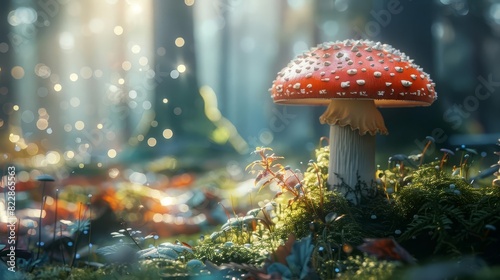 A single redcapped fly agaric mushroom with white spots in a fairy tale setting,
