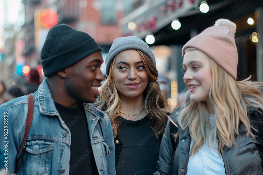 Group of friends having fun in New York City. Cheerful young multiethnic people looking at each other and smiling while standing on the street Group of friends having fun in New York City. Cheerful young multiethnic people looking at each other and smiling while standing on the street