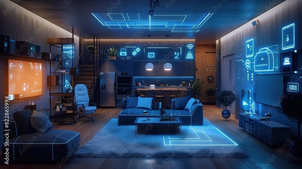 Smart Home: Low-Angle Wide-Angle Shot Showcasing Connected Devices, Illustrating the Concept of the Internet of Things Smart Home: Low-Angle Wide-Angle Shot Showcasing Connected Devices, Illustrating the Concept of the Internet of Things