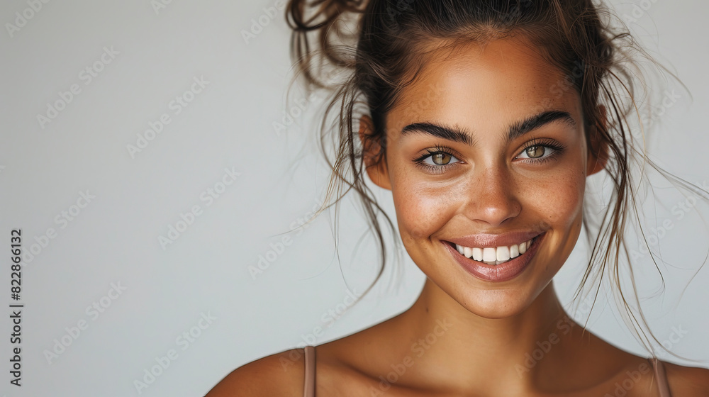 A young woman with messy hair and a bright smile against a neutral background, exuding happiness and confidence in a casual setting.