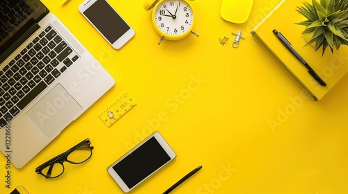 Top view modern workspace. Yellow business man working table in modern office.  View of table with laptop, tablet, notes, clock, a cup of coffee. Background workspace. Copy space