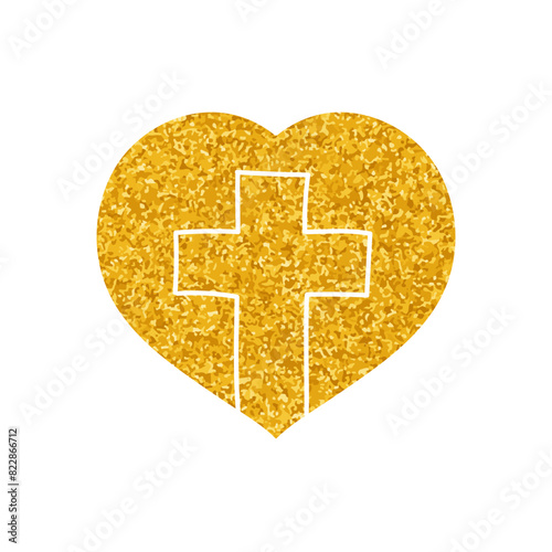 Christian cross inside heart shape drawing in gold color style