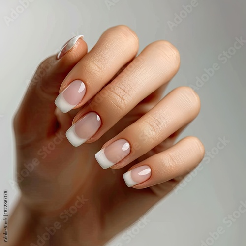 Close up of female hand with French manicure. Beautiful elegant gel polish manicure on square nails on neutral background  
