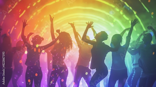 A diverse group of people dancing under a holographic rainbow arch, festive and lively, psychedelic style, vivid colors, high-detail photo