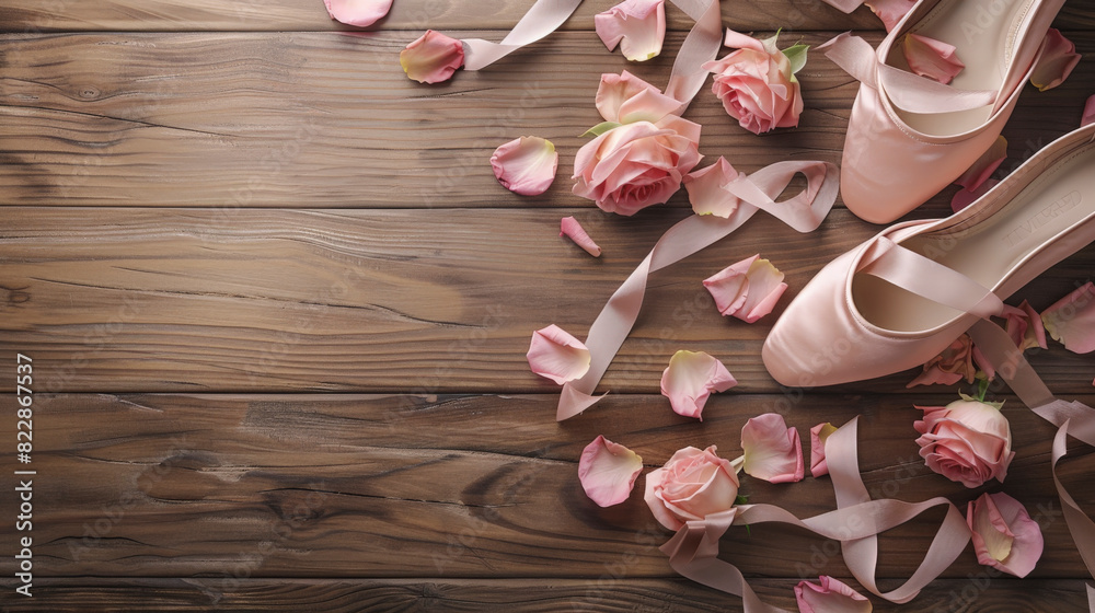 A pair of elegant pink high heel shoes surrounded by delicate rose petals on a rustic wooden floor, suggesting a romantic or bridal theme. A pair of elegant pink high heel shoes surrounded by delicate rose petals on a rustic wooden floor, suggesting a romantic or bridal theme.