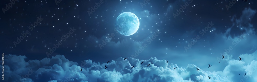 Fantasy Night Sky with Moon, Clouds, and Birds