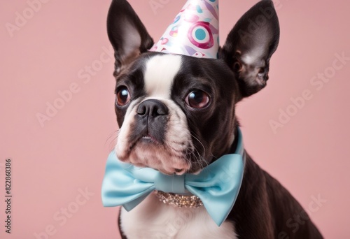 outfit advertisement pastel party invite creative hat cone olated dog party boston text background birthday bowtie concept copy solid puppy invitation terrier space animal necklace