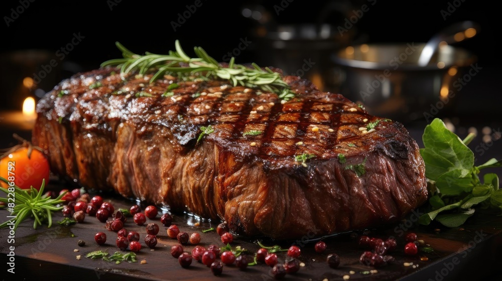 Grilled steak with melted barbeque sauce on a black and blurry background Grilled steak with melted barbeque sauce on a black and blurry background