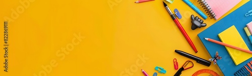 School supplies and pencil case. Back to school concept on yellow background