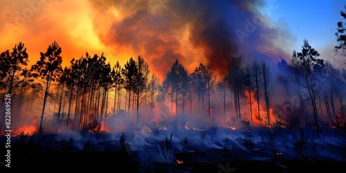 Devastating Wildfire Destroys Pine Trees During Dry Season - Global Consequences. Concept Wildfire Crisis  Pine Tree Destruction  Global Impact  Dry Season Consequences