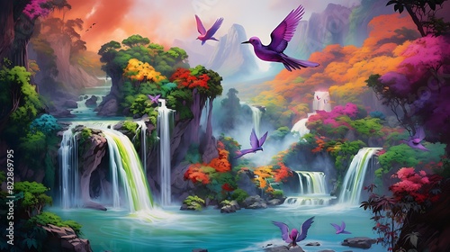 A vibrant waterfall tumbling through a colorful canyon, with a few exotic birds flitting about. photo