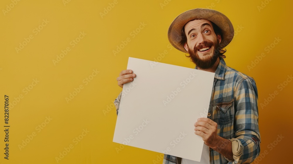 A man holding plain white poster paper, presentation mockup, copy space text template. A man holding plain white poster paper, presentation mockup, copy space text template.