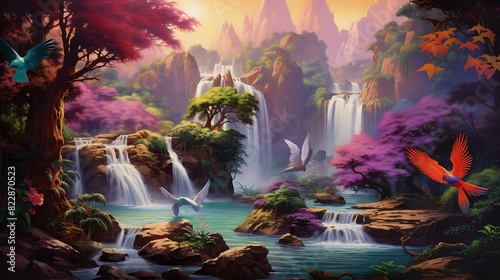 A vibrant waterfall tumbling through a colorful canyon, with a few exotic birds flitting about. photo