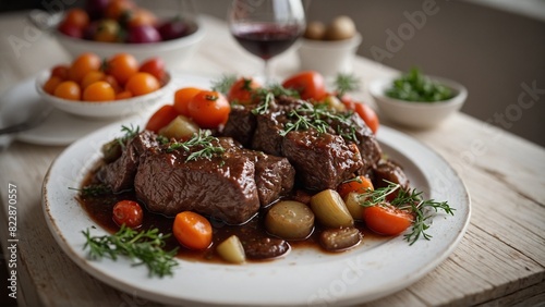 Boeuf Bourguignon - Beef stew braised in red wine with vegetables. photo