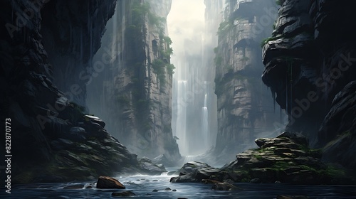 A dramatic waterfall plunging into a deep and mysterious chasm, with a few brave explorers peering into the depths.