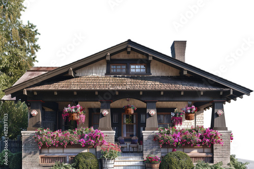 An inviting Craftsman bungalow with a low-pitched roof  broad eaves  and a cozy front porch adorned with flower baskets  nestled in a peaceful neighborhood setting against a solid white background
