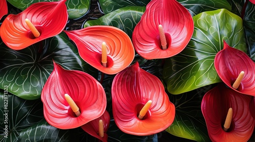 Blooming red anthurium stand in a flower shop. Sale of exotic plants. Flower Small Business Concept. View from above
