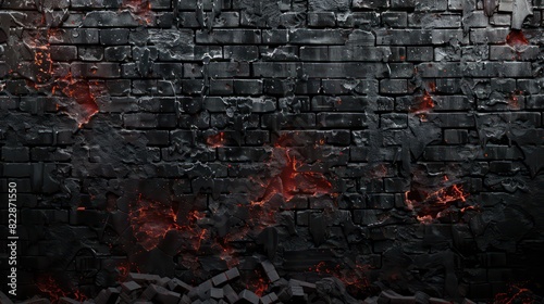 wallpaper a blackened brick wall in apocalyptic times with cracks of red within the bricks, destroyed ruble is in front of the brick wall photo