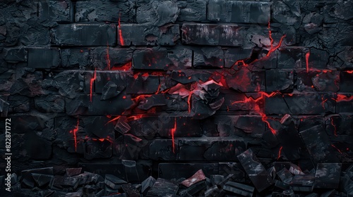 wallpaper a blackened brick wall in apocalyptic times with cracks of red within the bricks, destroyed ruble is in front of the brick wall