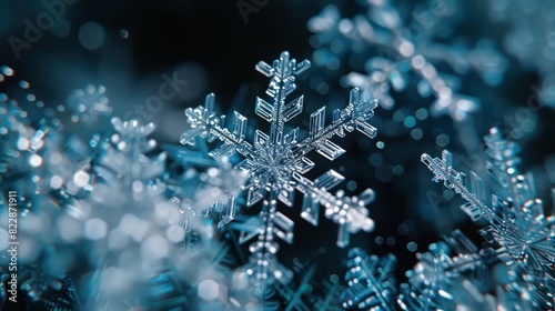 wallpaper close-up display of snowflakes with a dark blue background and transparent glass material