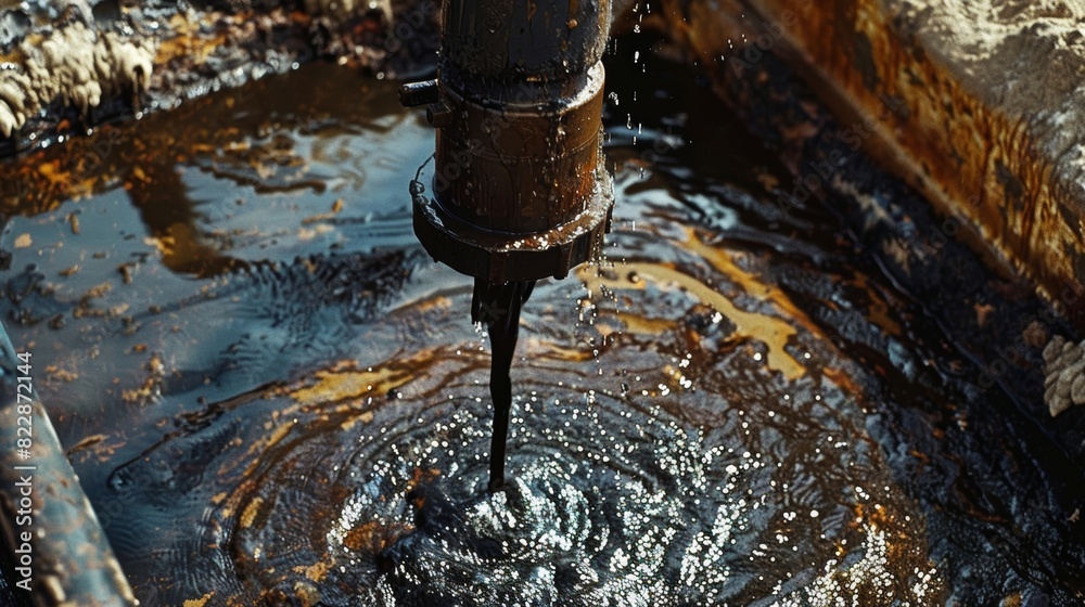 A steady stream of black gold flowing from the derrick and into a nearby storage tank. A steady stream of black gold flowing from the derrick and into a nearby storage tank.