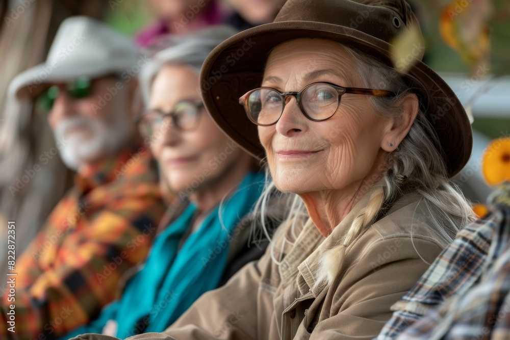 Portrait of happy senior woman in hat and eyeglasses sitting on bench Portrait of happy senior woman in hat and eyeglasses sitting on bench