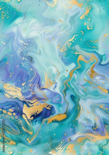 abstract illustration with colorful swirls like artistic liquid paint in light aquamarine, turquoise and gold