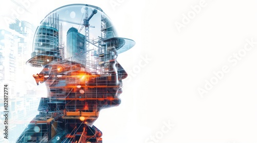 wallpaper of a engineers at work on construction site, architect office, double exposure on a white background