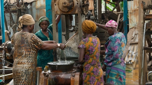 A group of women working together to operate a larger more complex oil press. photo