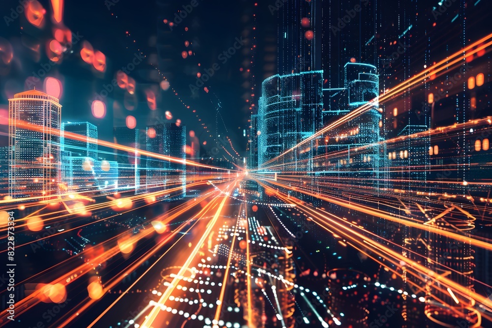 Fototapeta premium Futuristic Cityscape with Neon Lights and Digital Data Streams