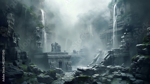 A mystical waterfall shrouded in mist and legend, with a few ancient ruins scattered about. photo