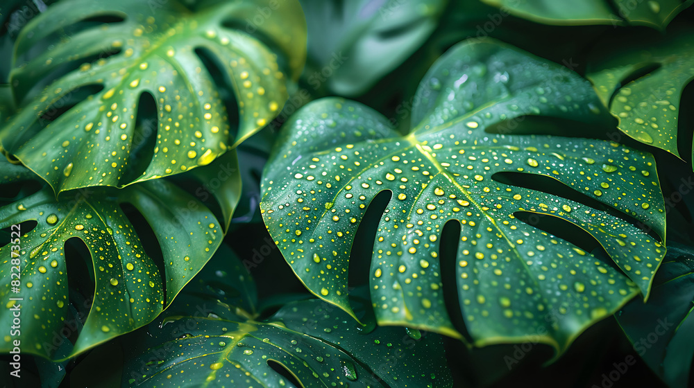Fototapeta premium vibrant green monstera leaf adorned with glistening water droplets