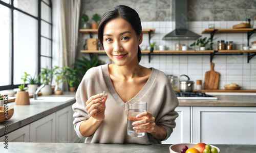 Asian woman taking supplements with a glass of water in the kitchen