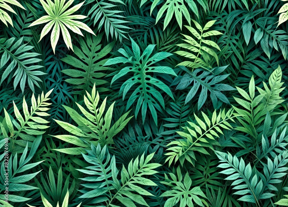 Tropical Jungle Background- Rich Green Foliage with Palm and Fern Leaves