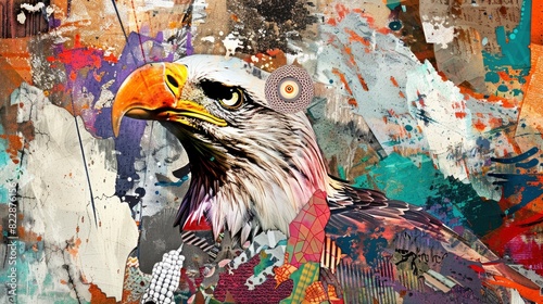  Commemoration Day, Bald Eagle, colorful and magical fantasy art, modernist collage, High-def photo