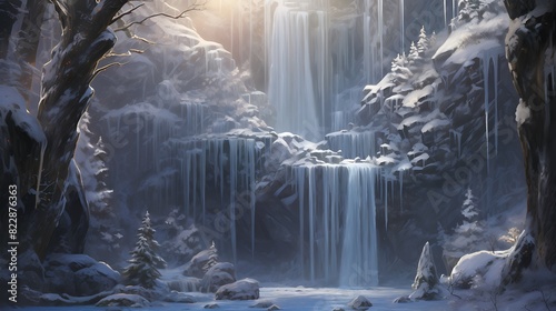 A sparkling waterfall cascading down a glittering rockface, with a few icicles hanging like diamonds. photo