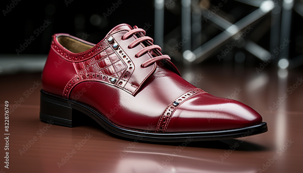 New leather shoes, shiny and elegant, on a wooden table generated by AI New leather shoes, shiny and elegant, on a wooden table generated by AI