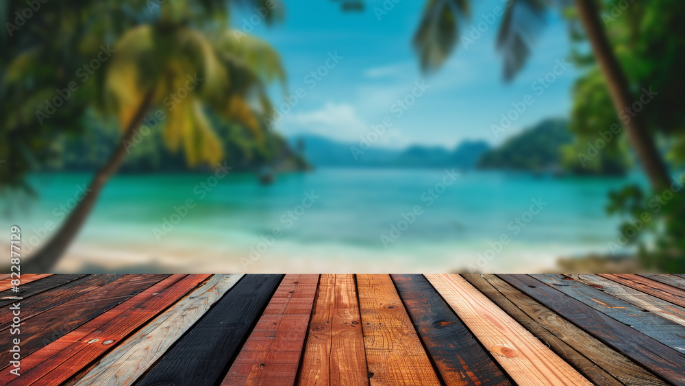 Blurred sunny tropical beach background with sandy shores and palm trees behind a wooden table, enhancing the summer theme for product displays on the table.