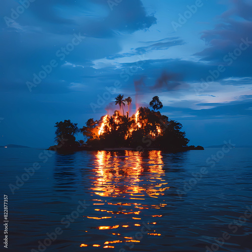 Deserted Isle Burning Brightly in the Middle of Azure Blue Sea photo