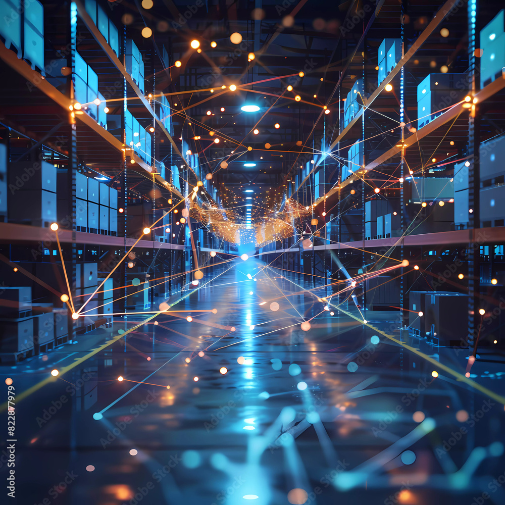 A holographic projection of a supply chain network diagram in a logistics center, business, dynamic and dramatic compositions, with copy space Generative AI A holographic projection of a supply chain network diagram in a logistics center, business, dynamic and dramatic compositions, with copy space Generative AI