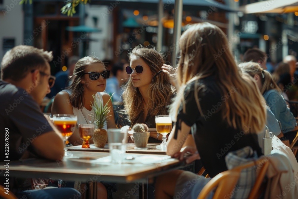 Group of friends sitting at a table in a street cafe and drinking beer